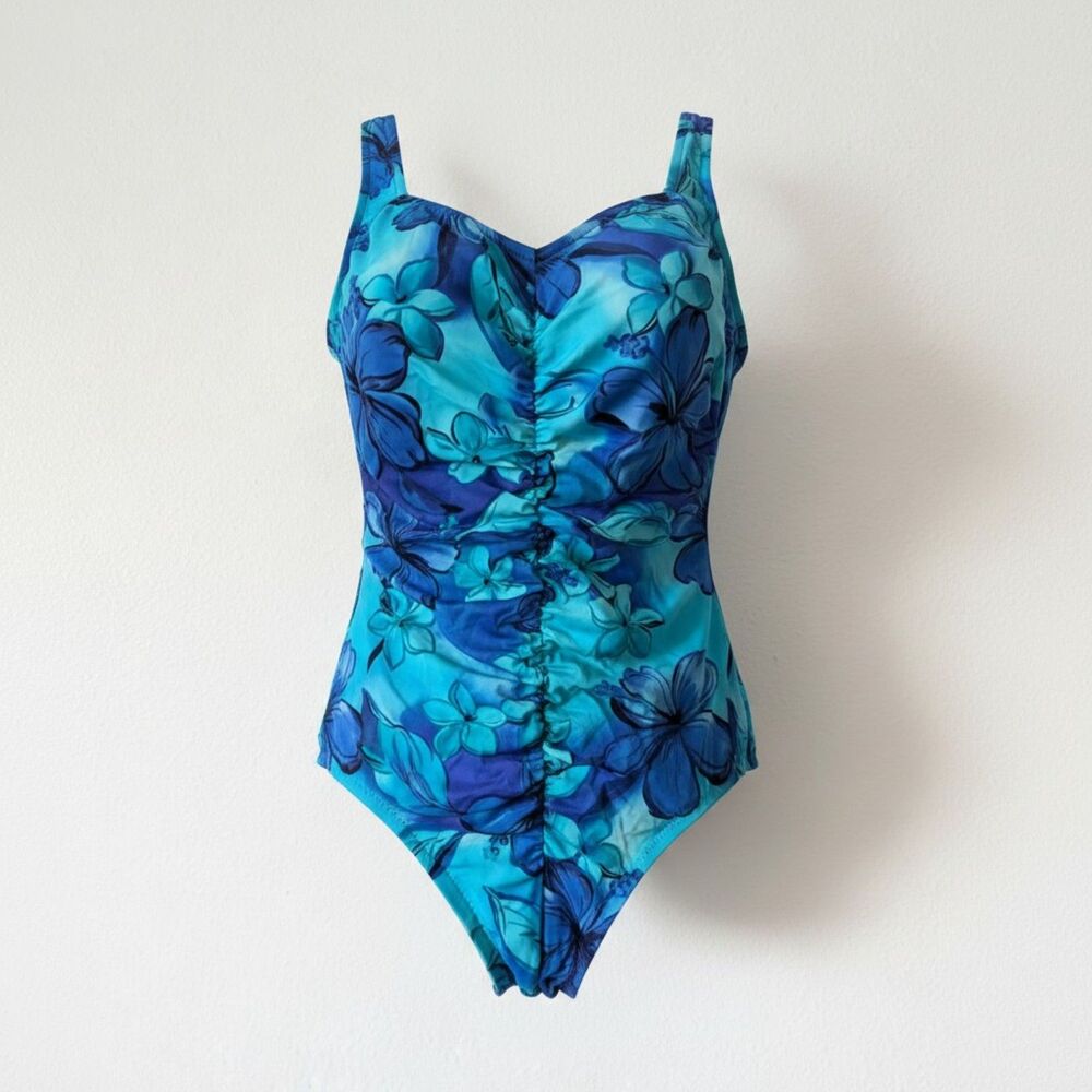 Le Cove One Piece Swimsuit Blue Tropical Floral Ruched Tummy Control